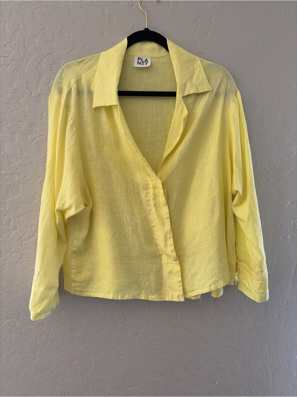 Planet 100% Linen Yellow Button Front Blouse Top Relaxed Boxy Coastal Women's